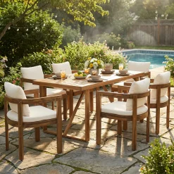 Modern Teak 7 Pieces Acacia Wood Outdoor Dining Set with Cream Cushions