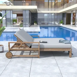 Modern Teak Wood Outdoor Patio Sunbed Lounger
