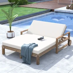 Modern Teak Wood Outdoor Patio Sunbathing Lounge Bed