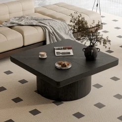 Modern Veneer 34.6'' Square Fluted Cylindrical Base Coffee Table