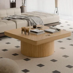 Modern Veneer 34.6'' Square Fluted Cylindrical Base Coffee Table