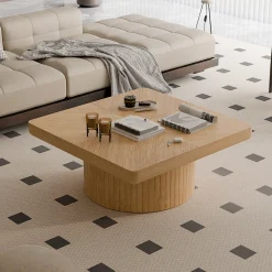 Modern Veneer 34.6'' Square Fluted Cylindrical Base Coffee Table