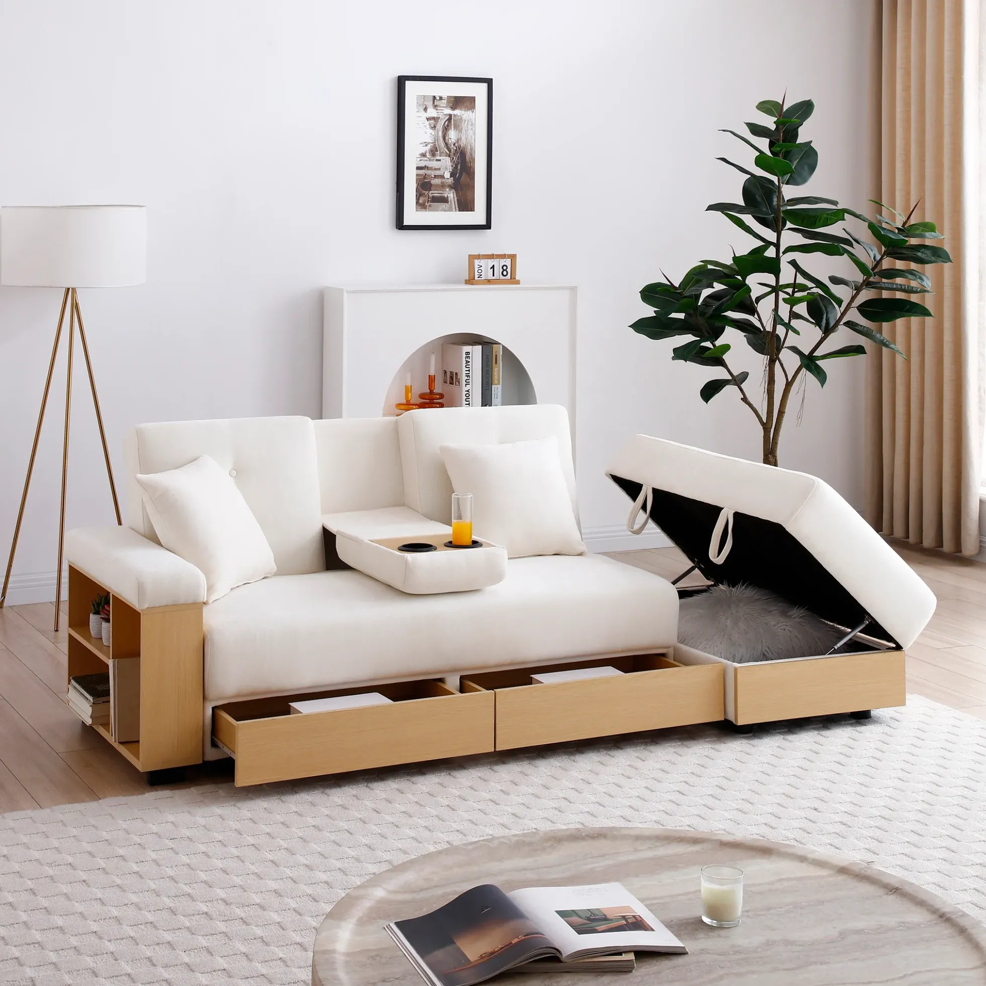 Multifunctional Convertible Sleeper Bed Sofa with Storage Ottoman