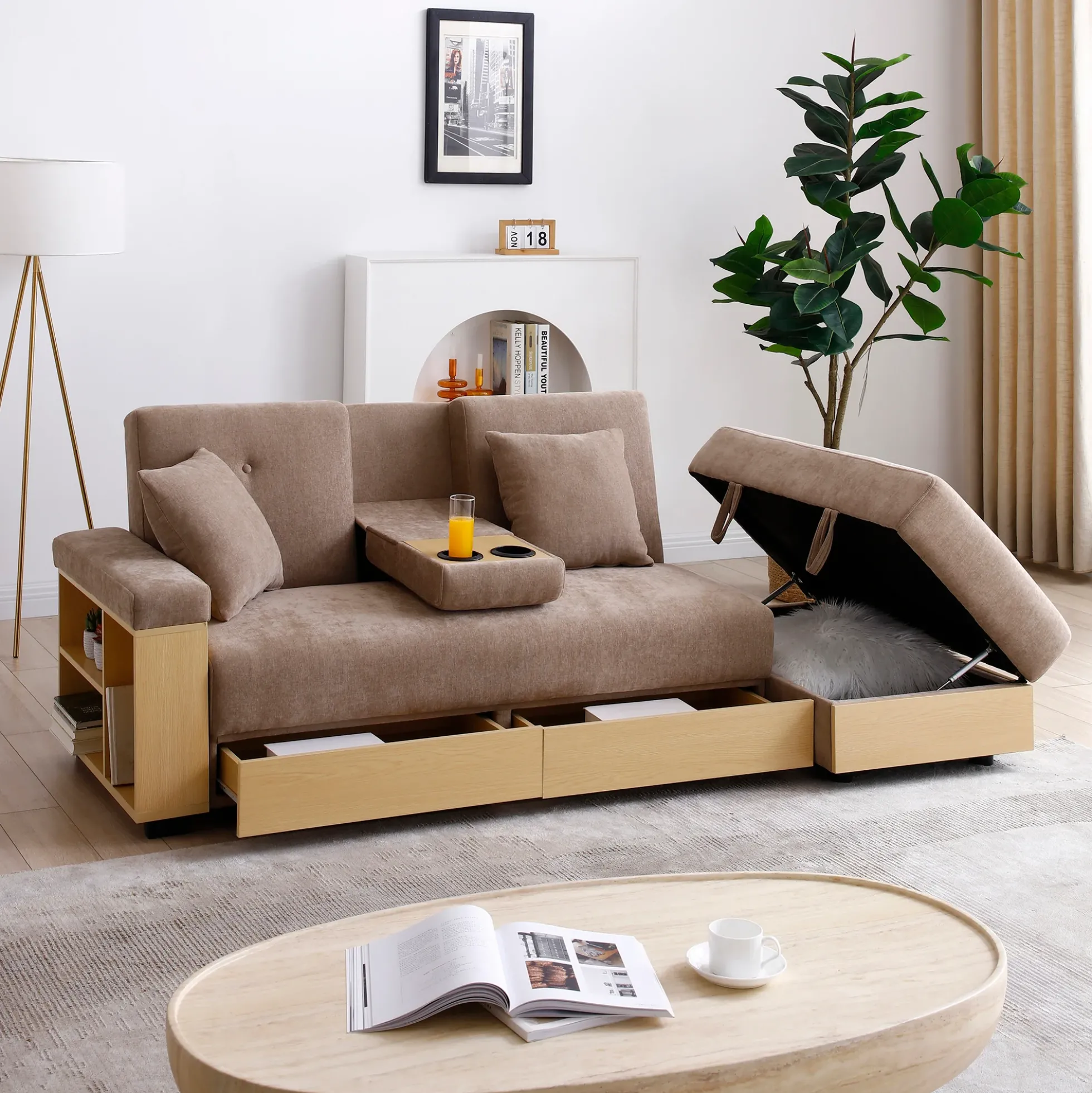 Multifunctional Convertible Sleeper Bed Sofa with Storage Ottoman