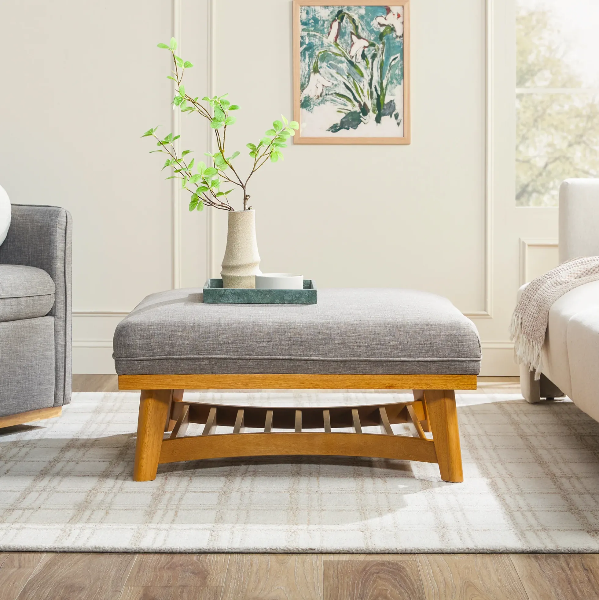 Nash Modern Farmhouse Easy Assembly Linen Large Ottoman