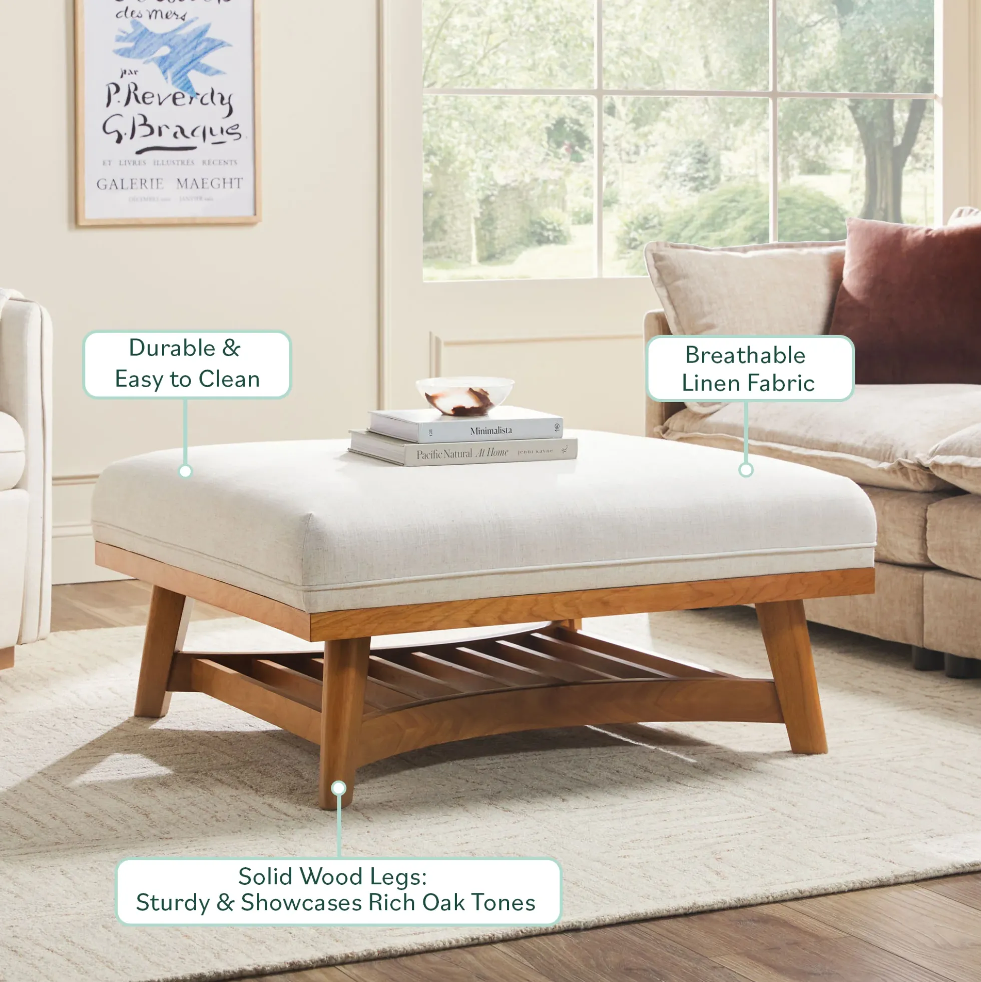 Nash Modern Farmhouse Easy Assembly Linen Large Ottoman