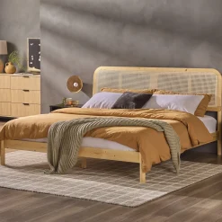 Neru Boho Curved Rattan-Headboard Bed Collection (Queen or King)