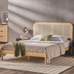 Neru Boho Curved Rattan-Headboard Bed Collection (Queen or King)