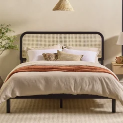 Neru Boho Curved Rattan-Headboard Bed Collection (Queen or King)