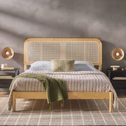 Neru Boho Curved Rattan-Headboard Bed Collection (Queen or King)