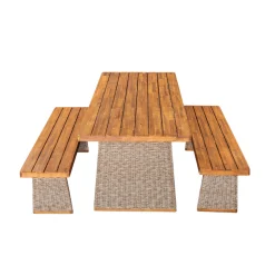 Outdoor 3 Piece Acacia Wood Dining Set with Handwoven Rattan Legs