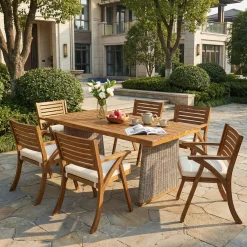 Outdoor 7 Pieces Acacia Wood Dining Set with Handwoven Rattan Legs