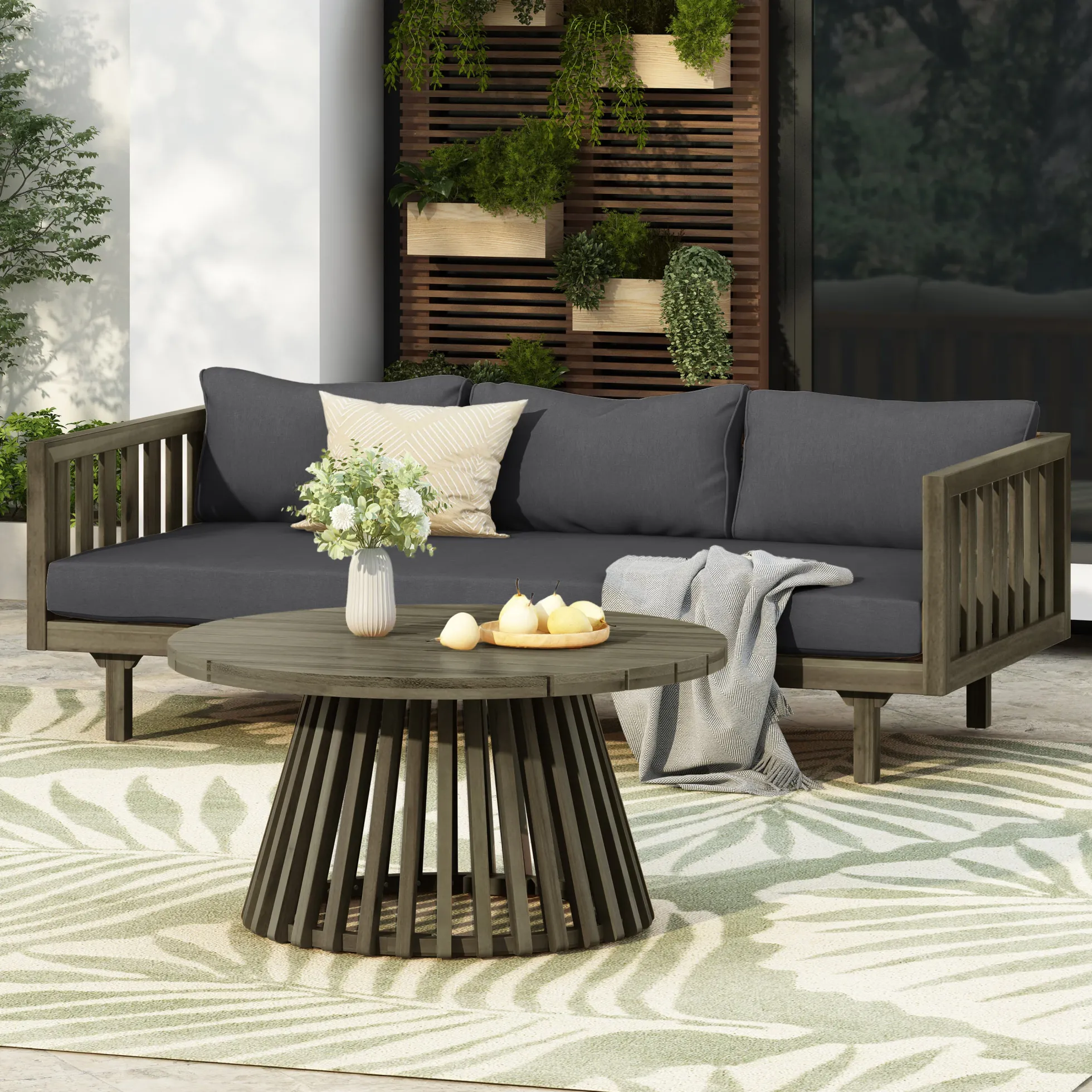 Outdoor Acacia Wood Deep Seat Daybed Patio Furniture Set with Cushions & Table