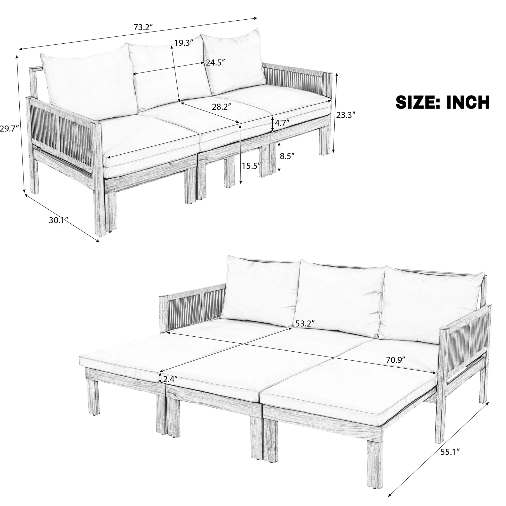 Outdoor Patio 3 Seat Sunbed Daybed Couch