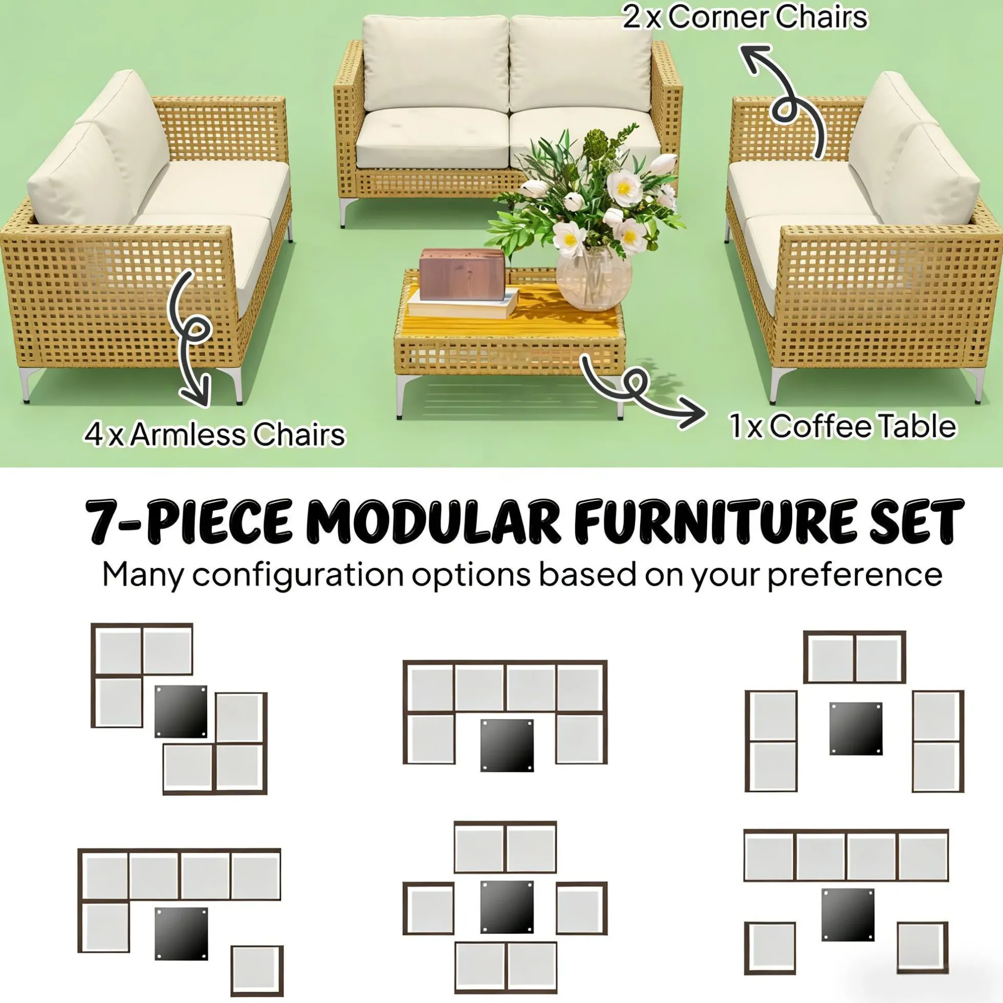 Outdoor Patio Modernist Modular Sectional Sofa 7 Piece Set