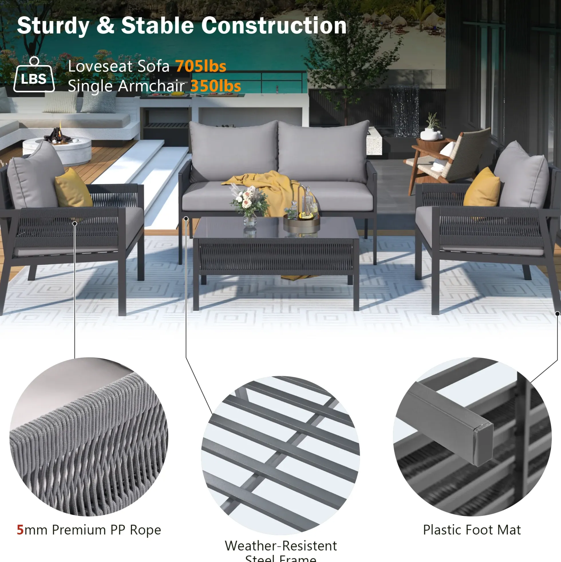 Outdoor Patio 4-Piece Rope Patio Furniture Set with Coffee Table