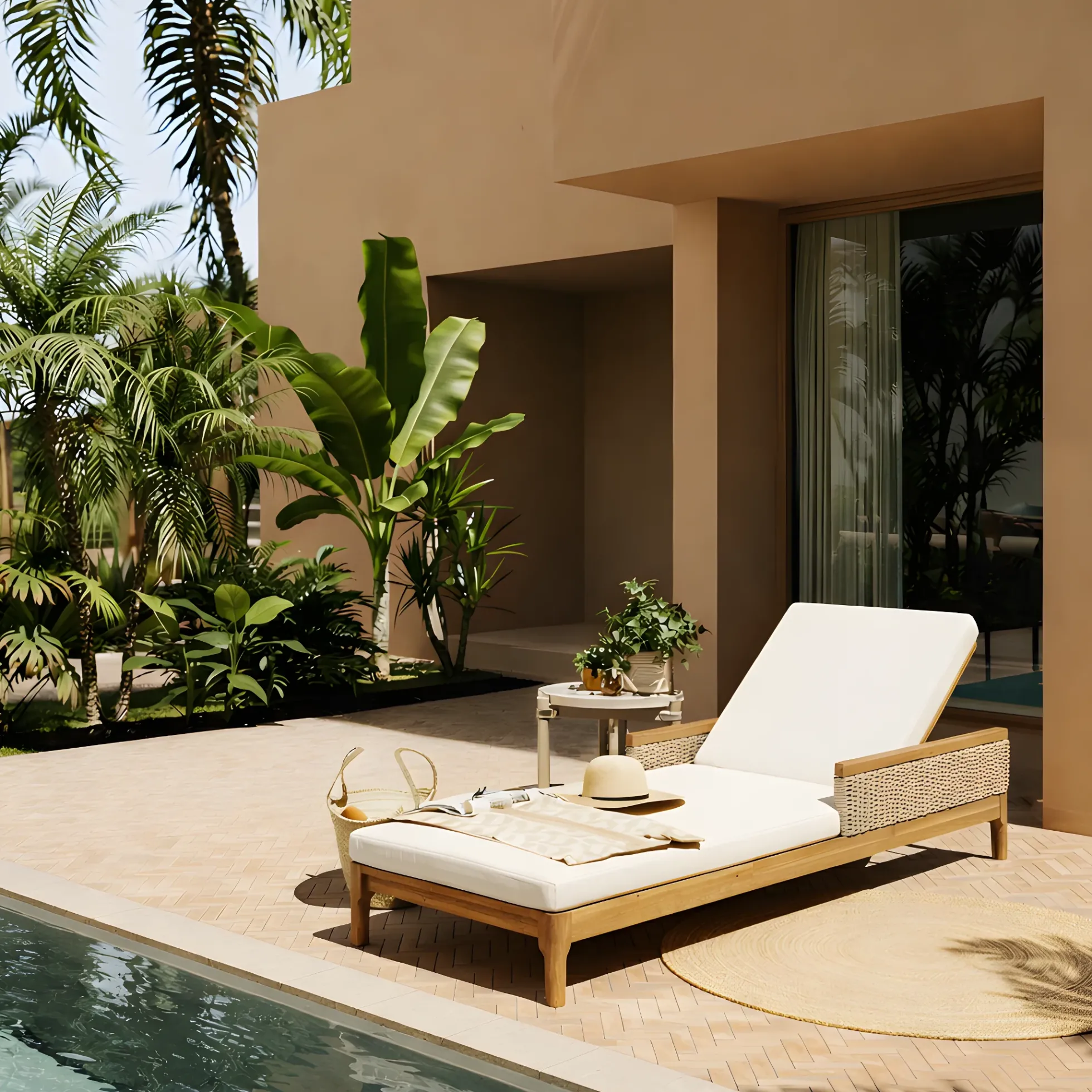Outdoor Patio Solid Acacia Wood Sun Lounger with Cushions