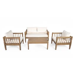 Outdoor Patio Wood 4-Piece Furniture Set with Coffee Table & Cushions