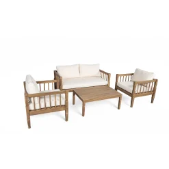 Outdoor Patio Wood 4-Piece Furniture Set with Coffee Table & Cushions