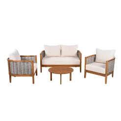 Outdoor Patio Woven Rope Tub Design 4 Seat Sofa Set with Soft Cushions & Table