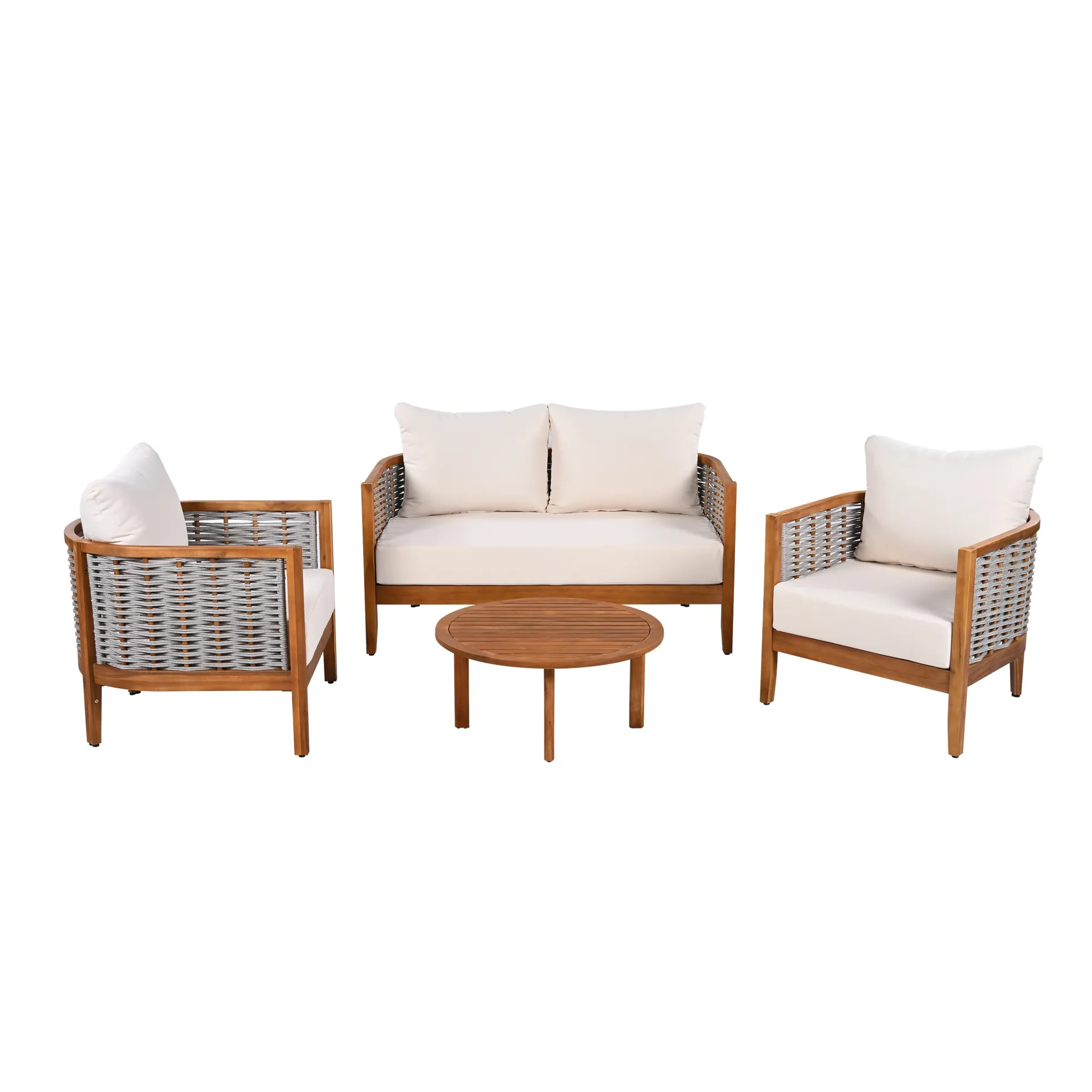 Outdoor Patio Woven Rope Tub Design 4 Seat Sofa Set with Soft Cushions & Table