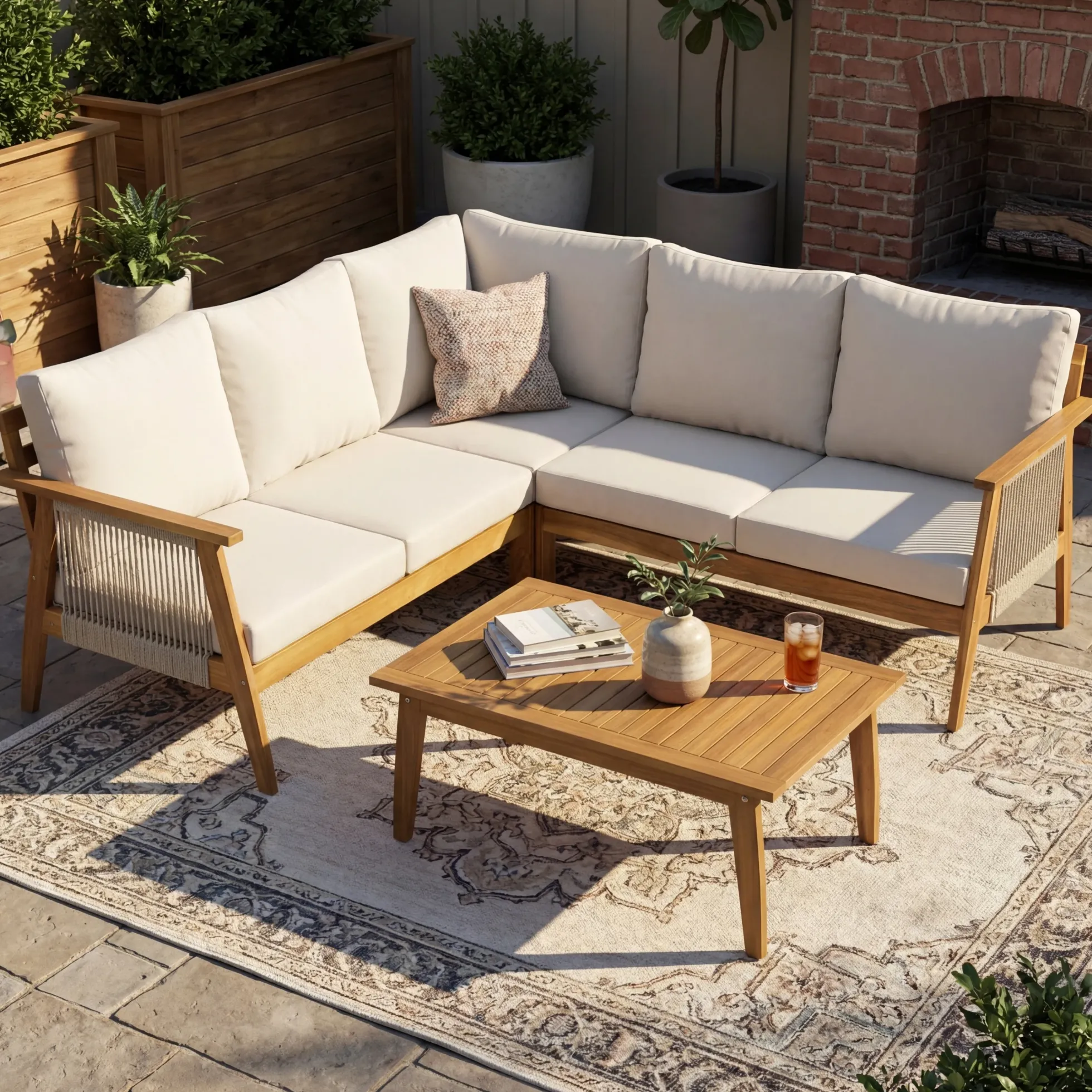 Outdoor 4pc Acacia Wood and Rope Sectional Patio Corner Set