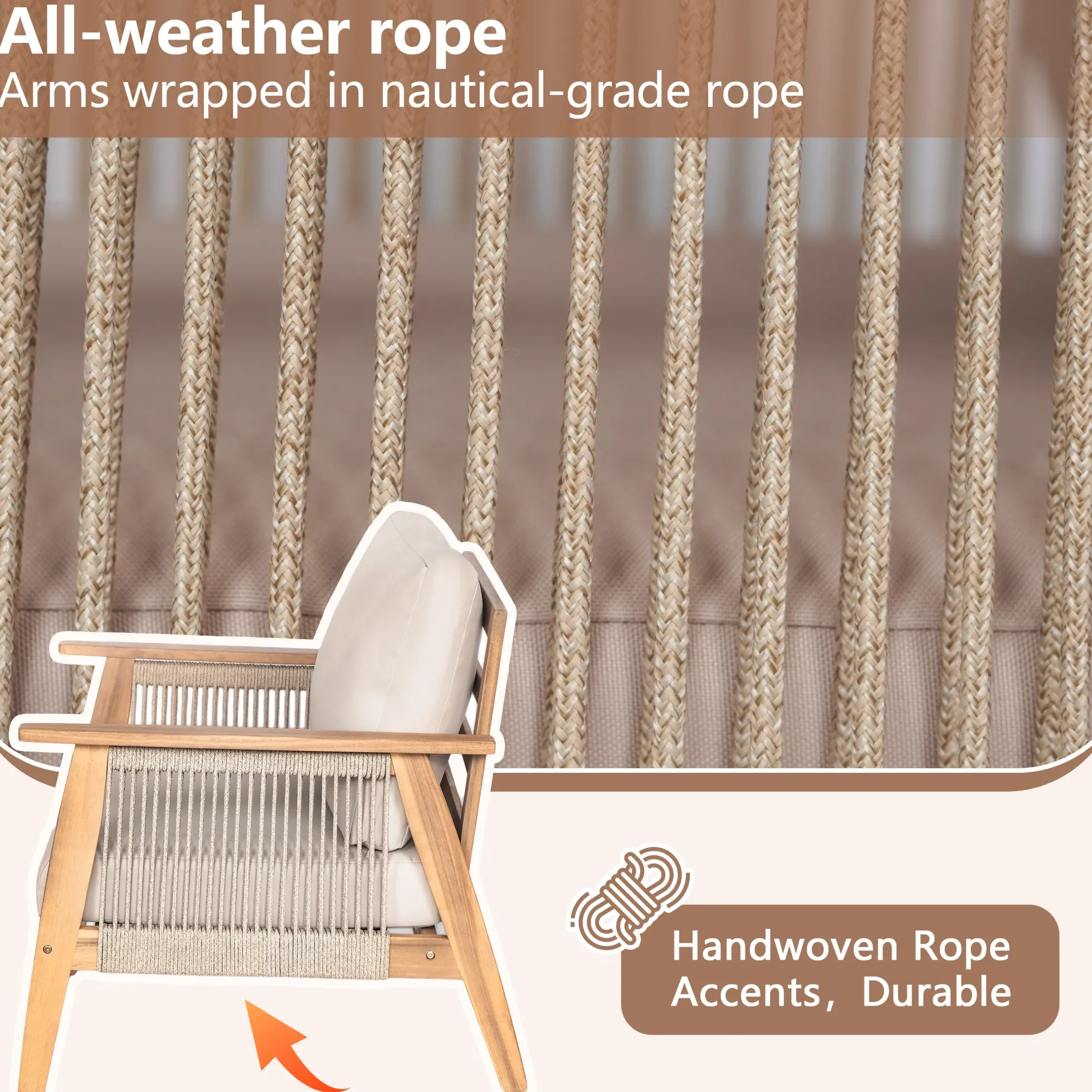Outdoor 4pc Acacia Wood and Rope Sectional Patio Corner Set
