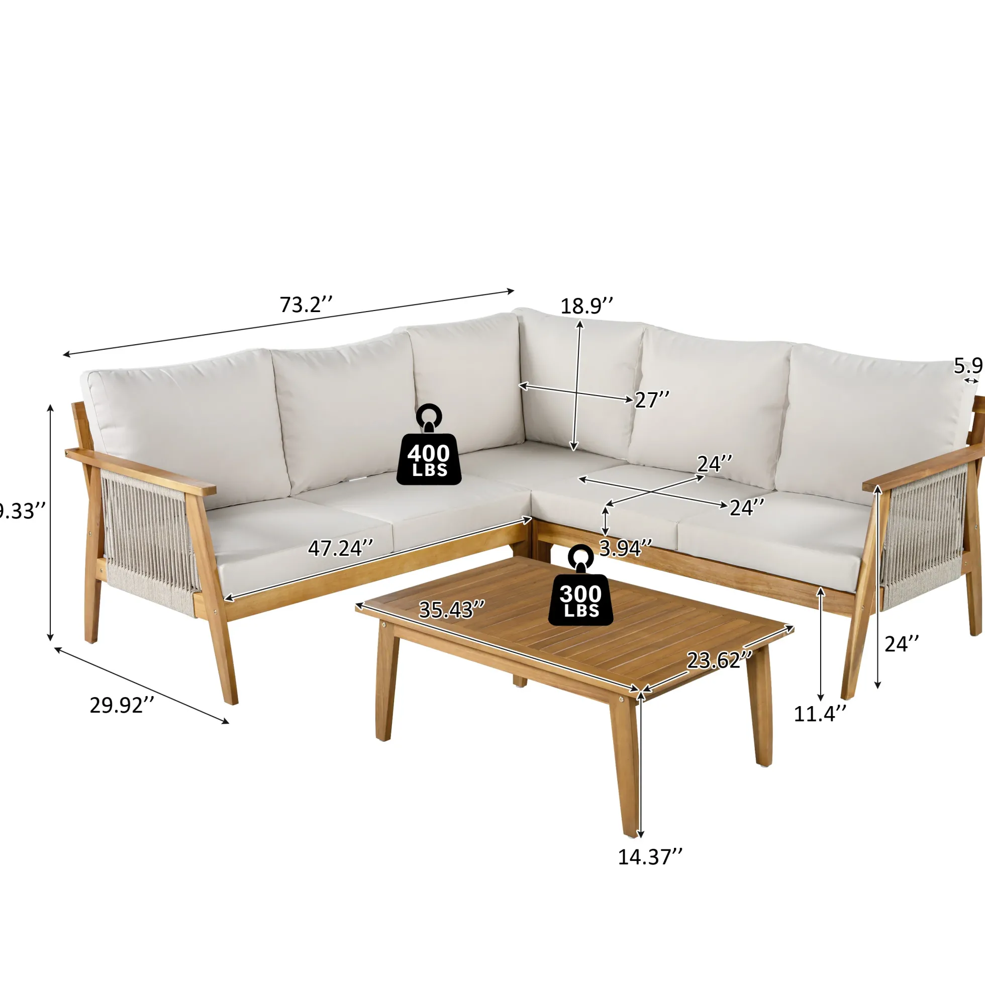 Outdoor 4pc Acacia Wood and Rope Sectional Patio Corner Set