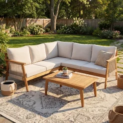 Outdoor 4pc Acacia Wood and Rope Sectional Patio Corner Set