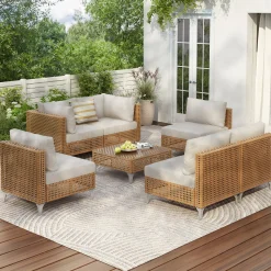 Outdoor 7-Piece Wicker Conversation Sectional Sofa Set with Cushions and Coffee Table