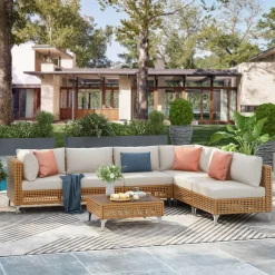 Outdoor 7-Piece Wicker Conversation Sectional Sofa Set with Cushions and Coffee Table