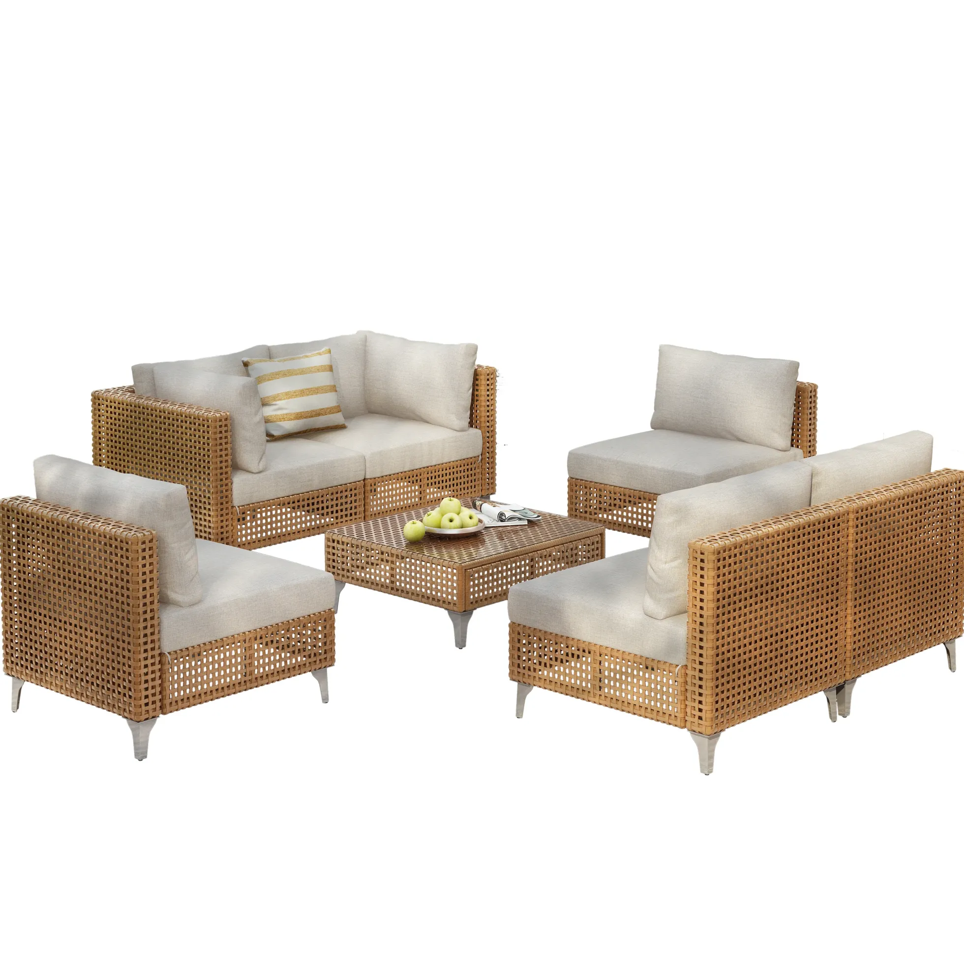 Outdoor 7-Piece Wicker Conversation Sectional Sofa Set with Cushions and Coffee Table