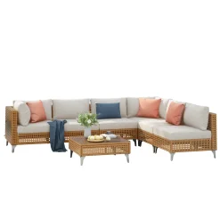 Outdoor 7-Piece Wicker Conversation Sectional Sofa Set with Cushions and Coffee Table