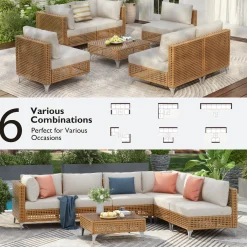 Outdoor 7-Piece Wicker Conversation Sectional Sofa Set with Cushions and Coffee Table