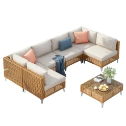 Outdoor 7-Piece Wicker Conversation Sectional Sofa Set with Cushions and Coffee Table