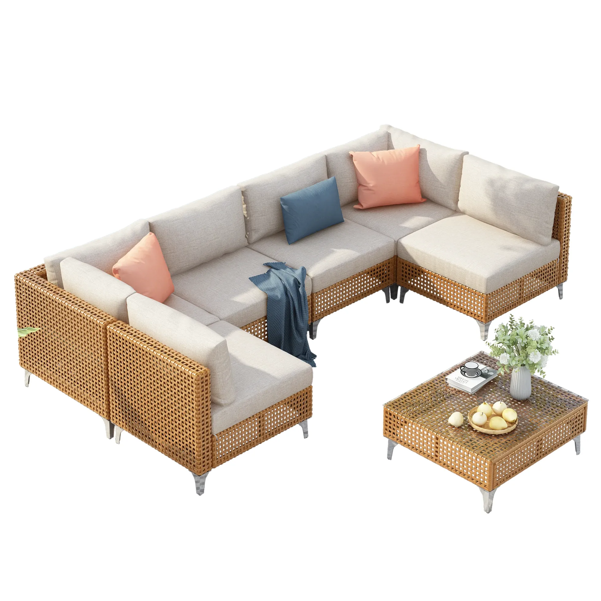 Outdoor 7-Piece Wicker Conversation Sectional Sofa Set with Cushions and Coffee Table