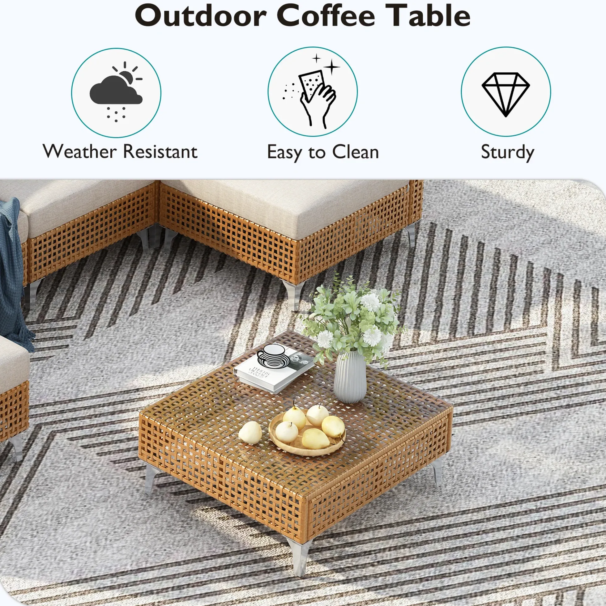 Outdoor 7-Piece Wicker Conversation Sectional Sofa Set with Cushions and Coffee Table