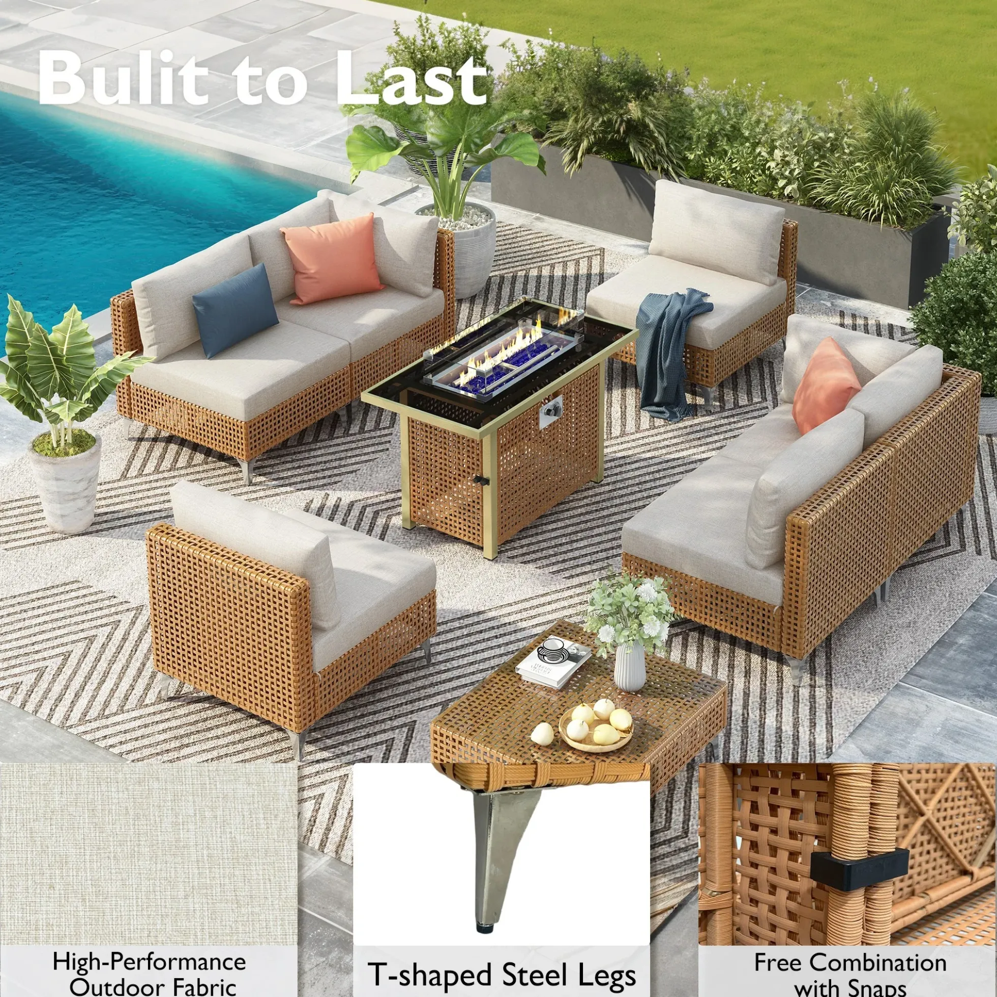 Outdoor 7-Piece Wicker Conversation Sectional Sofa Set with Cushions and Coffee Table