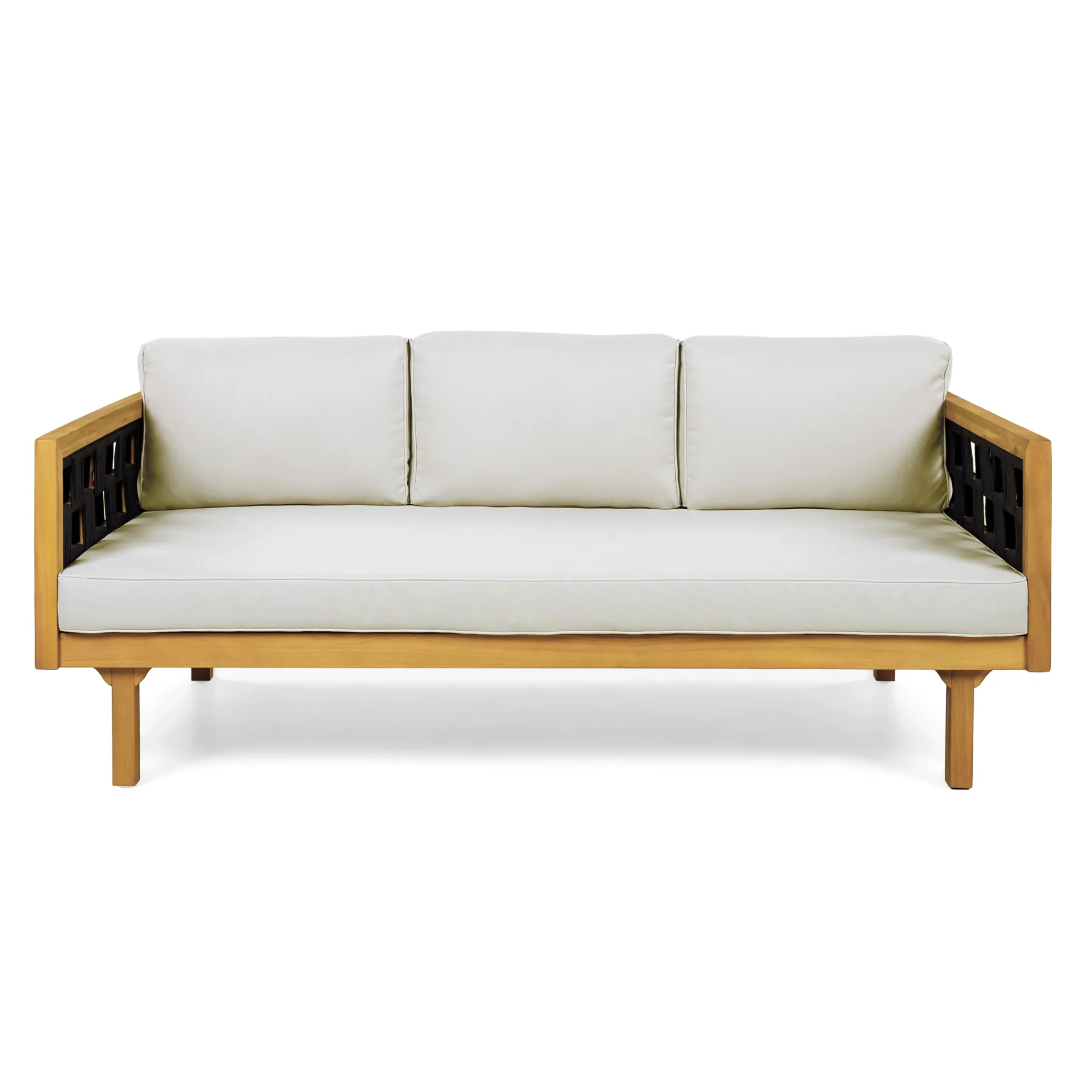 Outdoor Rope Detail Teak Wood 3 Seater Sofa Daybed Set with Light Grey Cushions & Table