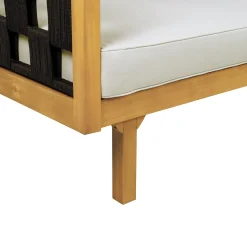 Outdoor Rope Detail Teak Wood 3 Seater Sofa Daybed Set with Light Grey Cushions & Table