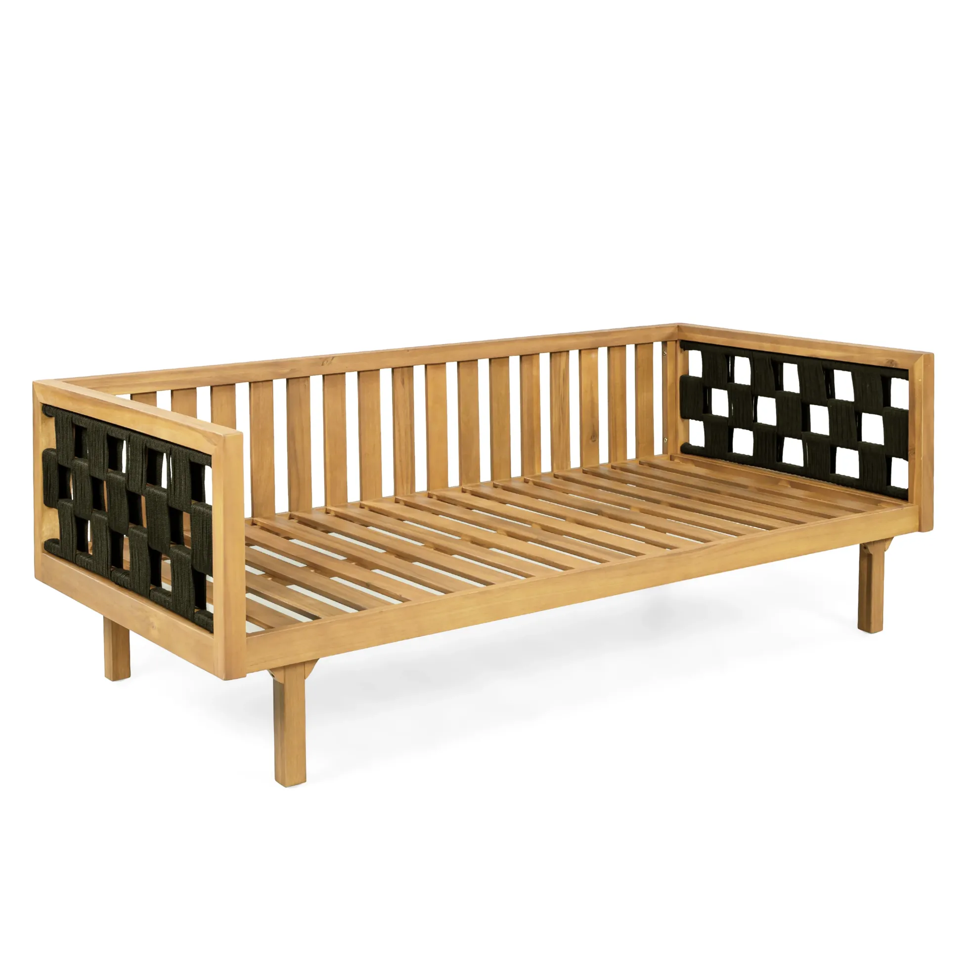 Outdoor Rope Detail Teak Wood 3 Seater Sofa Daybed Set with Light Grey Cushions & Table