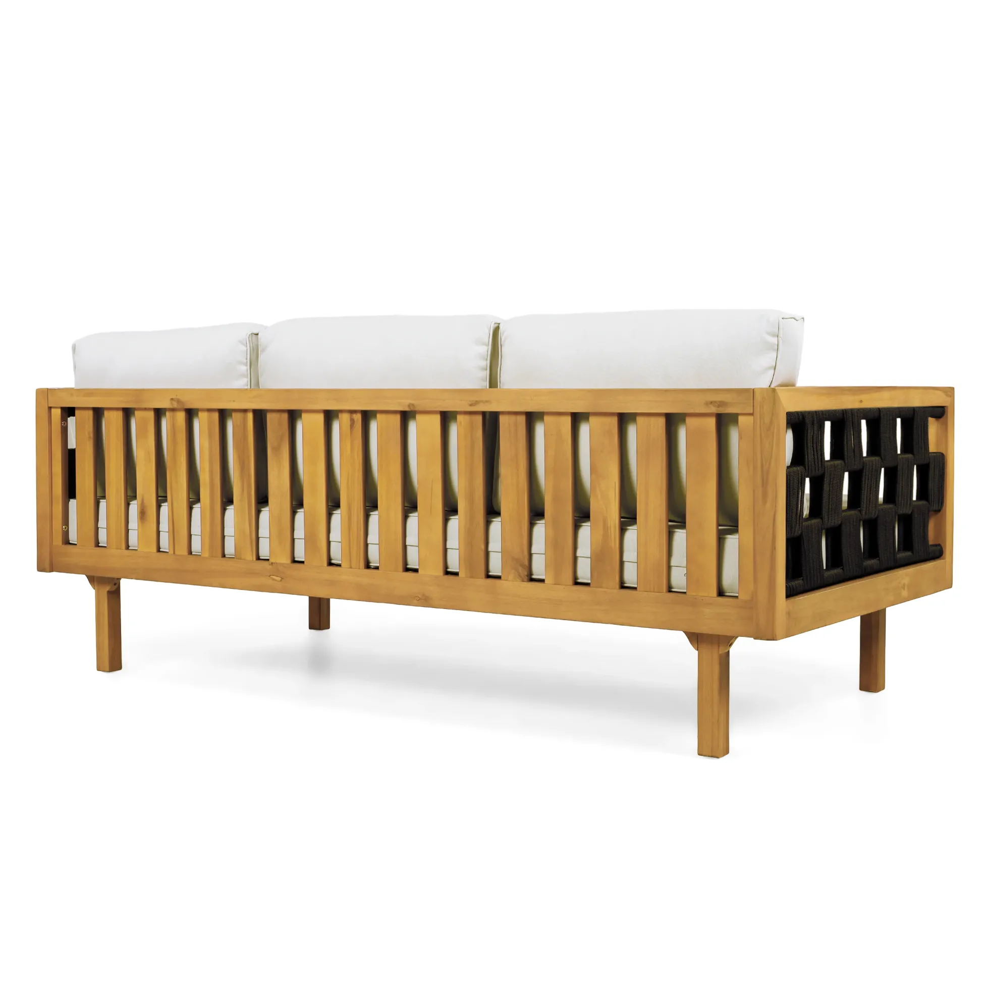 Outdoor Rope Detail Teak Wood 3 Seater Sofa Daybed Set with Light Grey Cushions & Table