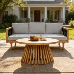 Outdoor Rope Detail Teak Wood 3 Seater Sofa Daybed Set with Light Grey Cushions & Table