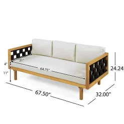 Outdoor Rope Detail Teak Wood 3 Seater Sofa Daybed Set with Light Grey Cushions & Table