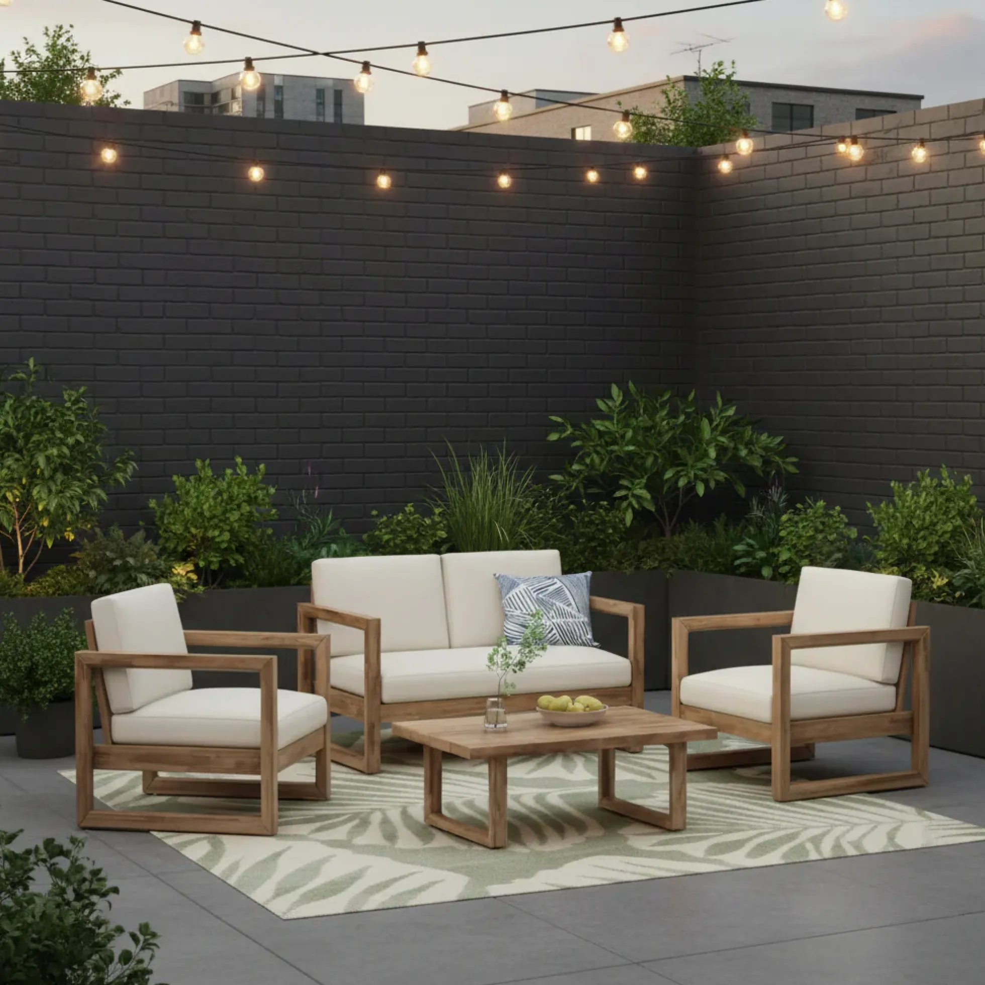 Outdoor Teak Wood Loveseat and Coffee Table Set with Cushions