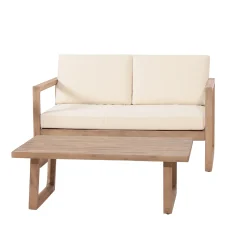Outdoor Teak Wood Loveseat and Coffee Table Set with Cushions