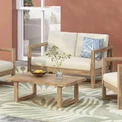 Outdoor Teak Wood Loveseat and Coffee Table Set with Cushions