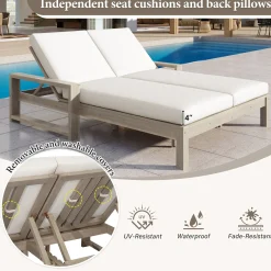 Outdoor Wide Double Lounge Chair with Adjustable Backrest with Removable Cushions