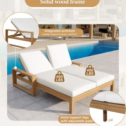 Outdoor Wide Double Lounge Chair with Adjustable Backrest with Removable Cushions
