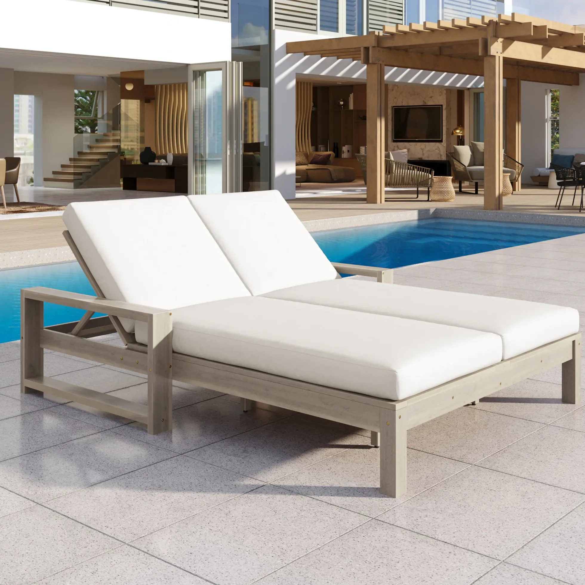 Outdoor Wide Double Lounge Chair with Adjustable Backrest with Removable Cushions